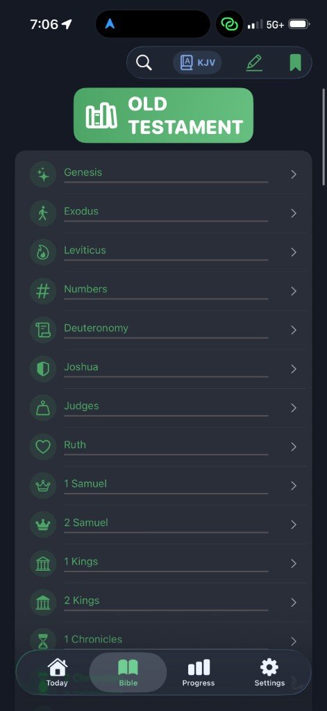 Bible Growth Old Testament book list — dark mode