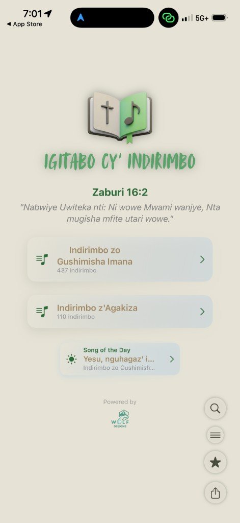 Igitabo home screen — light mode with hymn collections and Song of the Day