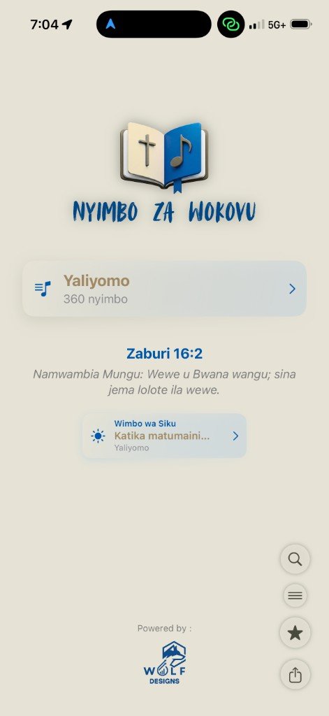 Nyimbo za Wokovu home screen — light mode with Yaliyomo and Wimbo wa Siku