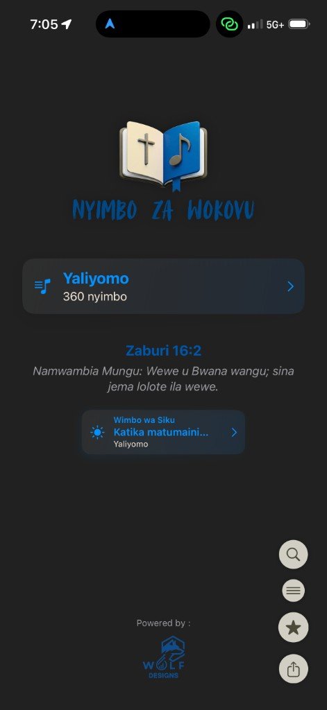 Nyimbo za Wokovu home screen — dark mode