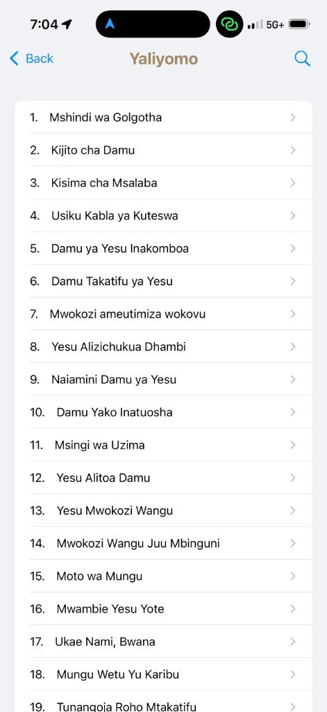 Nyimbo za Wokovu contents list — Yaliyomo, light mode