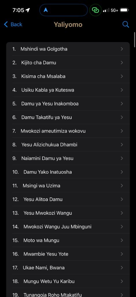 Nyimbo za Wokovu contents list — Yaliyomo, dark mode